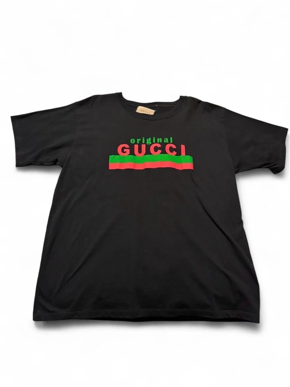 Gucci Black Tee with Green and Red Logo Stripe